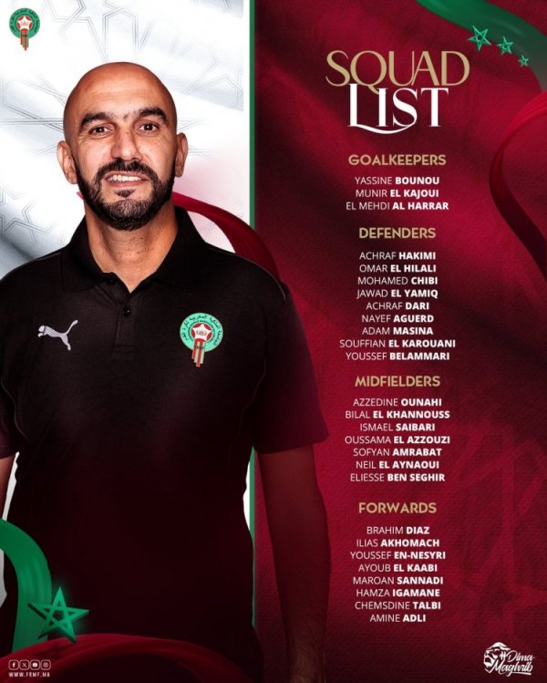 Morocco list: Ashraf, B-Diaz, Ennesri, Amrabat are listed